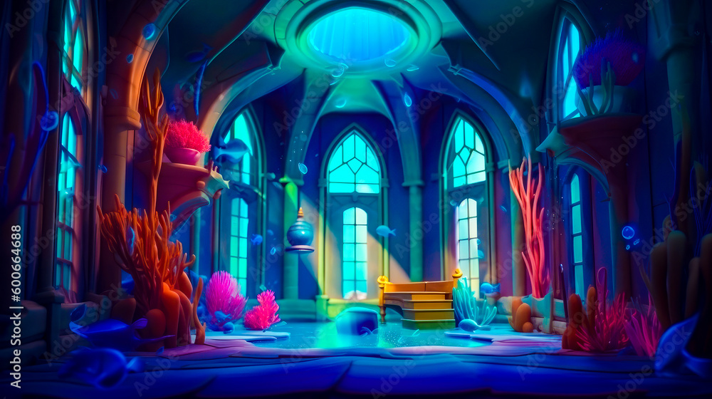Poster underwater scene with bench in the middle of room with windows. generative ai.