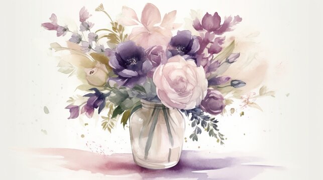  a watercolor painting of a vase filled with purple flowers.  generative ai