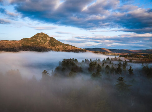 Borestone Mountain, Maine with fog and clouds