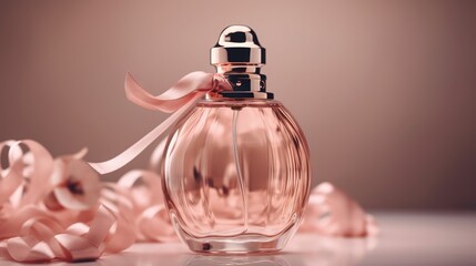  a bottle of perfume with a pink ribbon around it on a table.  generative ai