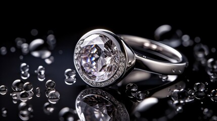  a ring with a large diamond surrounded by bubbles of water.  generative ai