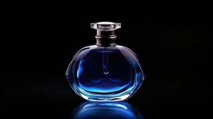  a bottle of blue liquid on a black background with a reflection.  generative ai