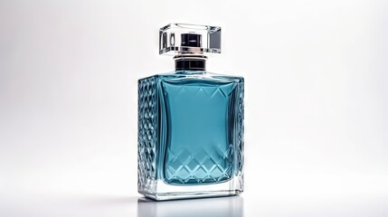  a bottle of blue perfume on a white background with a reflection.  generative ai