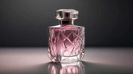  a bottle of pink perfume sitting on a gray surface with a black background.  generative ai
