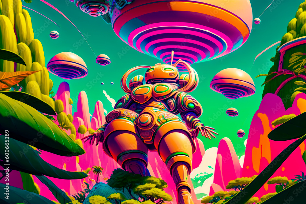 Poster painting of robot standing in the middle of field of plants. generative ai.