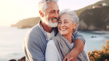 Romantic senior couple by the ocean. Affectionate elderly couple enjoying spending some quality time together after retirement, Generative AI