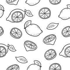 Seamless lemon doodle pattern with a black and white color suitable for background or texture