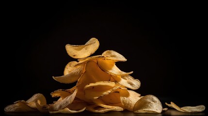  a pile of potato chips sitting on top of a table.  generative ai