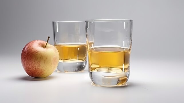  two glasses of water and an apple on a white surface.  generative ai