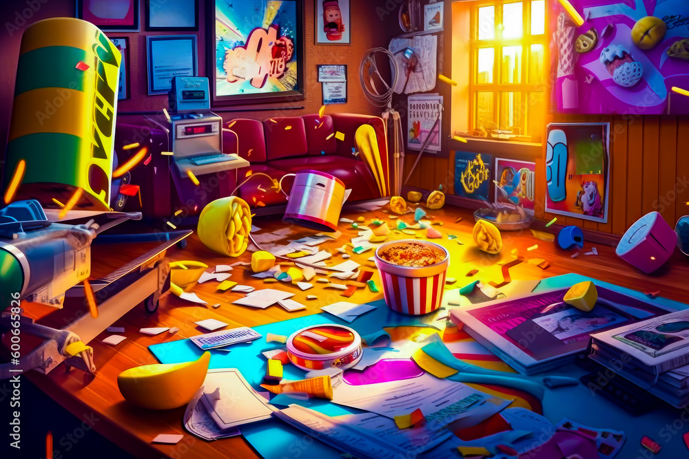 Poster room filled with lots of clutter and lot of papers on the floor. generative ai.