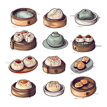 collection of steamed bao buns baozi set 3