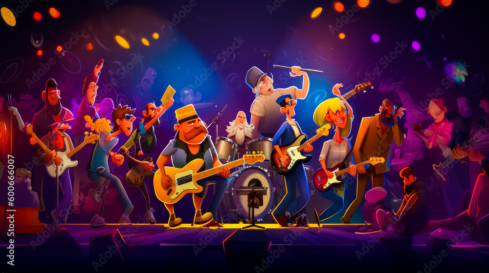 Poster group of cartoon musicians on stage with microphone and microphone in front of them. generative ai.