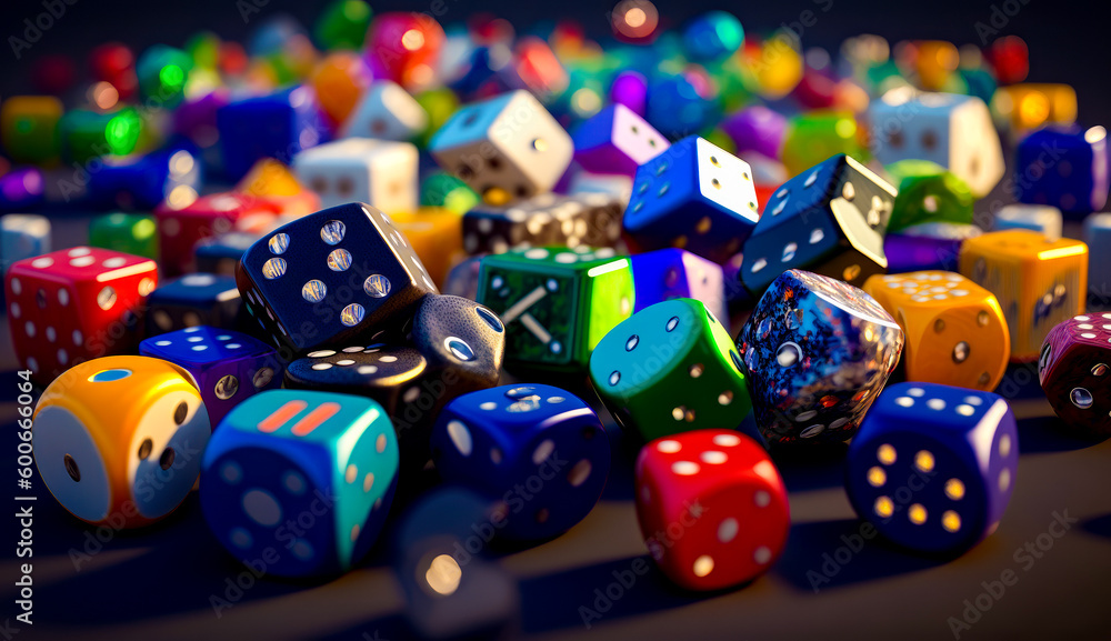 Poster pile of colorful dices sitting on top of black table next to each other. generative ai.