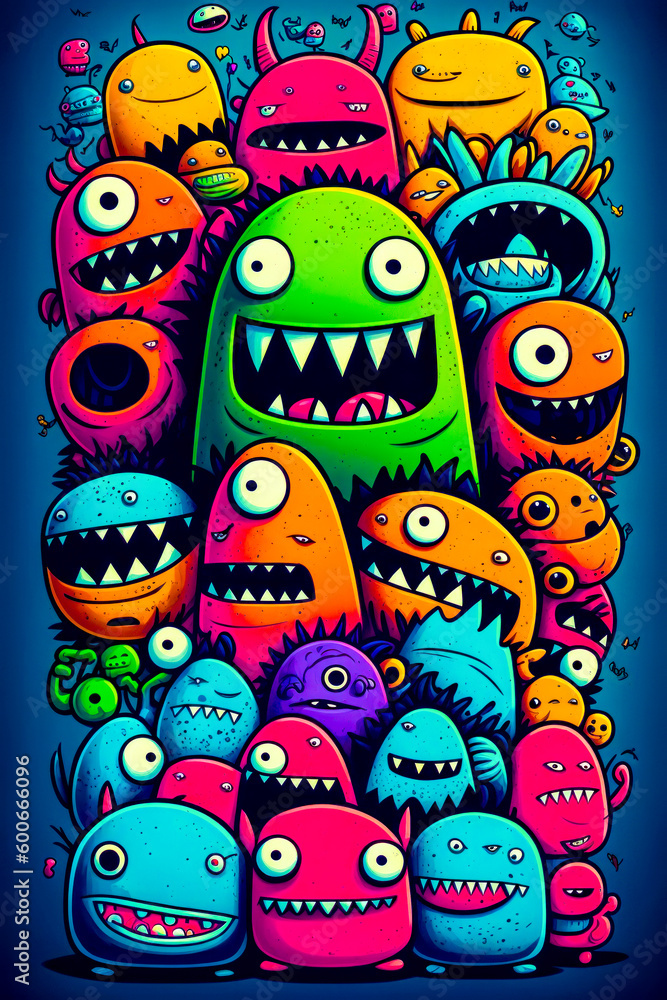 Aufkleber group of cartoon monsters with their mouths open and eyes wide open, all in different colors. genera