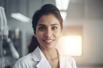 Young colombian female scientific in laboratory. Generative AI., Generative AI