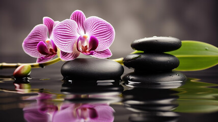 Zen stones, orchid flower and bamboo on water. spa massage background. Generative AI