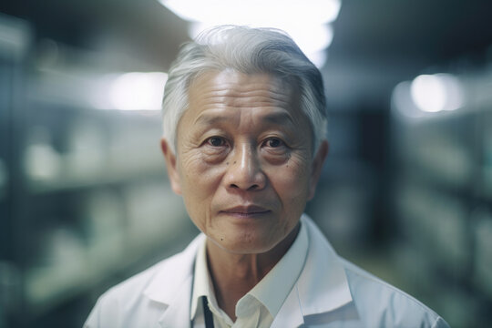 Senior asian male scientific in laboratory. Generative AI., Generative AI