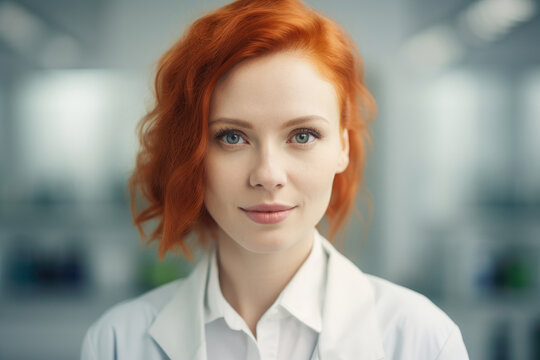 Young redhead female scientific in laboratory. Generative AI., Generative AI