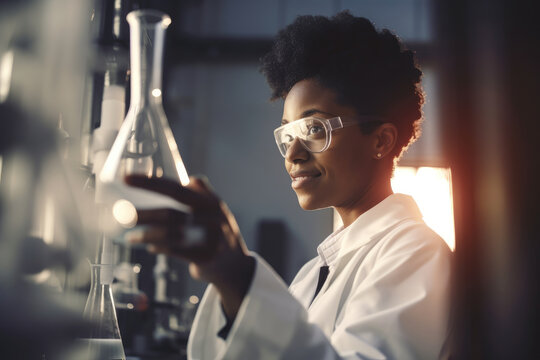 Young african female scientific in working in lab. Generative AI., Generative AI