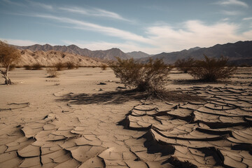 A desert landscape with cracked, dry ground - Generative AI