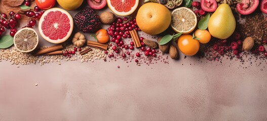 Fototapeta na wymiar flat lay banner background of full of healthy fresh sliced fruits, Generative Ai