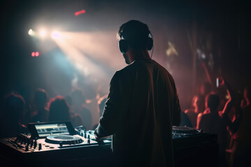 Dj mixing in a disco, crowd of people dancing. Generative AI., Generative AI