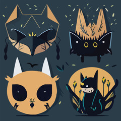 Hand drawn vector abstract graphic cartoon illustrations cards set template with beauty cute minimalistic style wildlife Bat print set. Wild life Bat animal concept design art