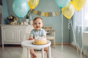 One year old baby in his birthday party. Generative AI., Generative AI