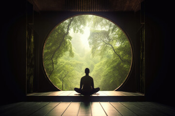 Person meditating looking out circular window. Generative AI., Generative AI