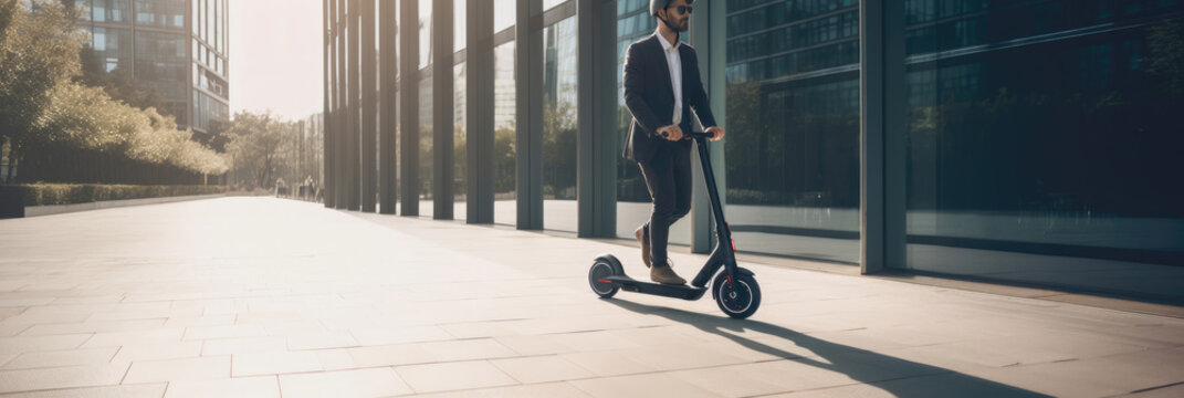 Business man riding electric scooter on road in city. Generative AI., Generative AI
