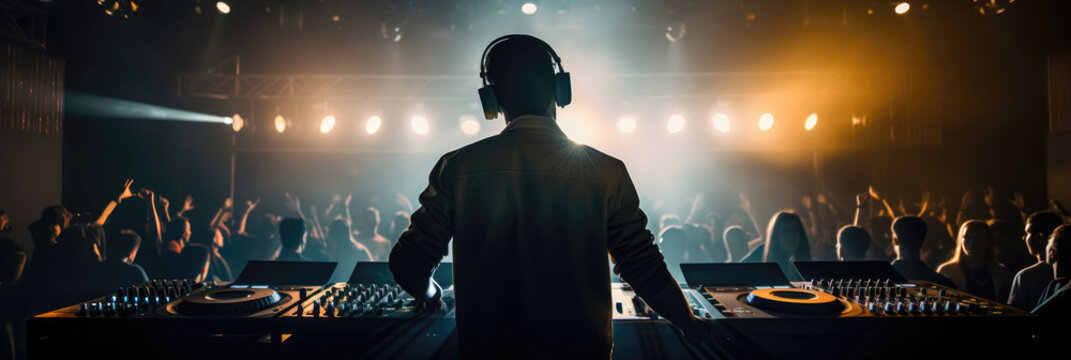 Dj mixing in a nightclub, crowd of people dancing. Generative AI., Generative AI