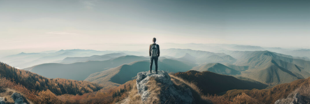 Male hiker on top of the mountain. Generative AI., Generative AI