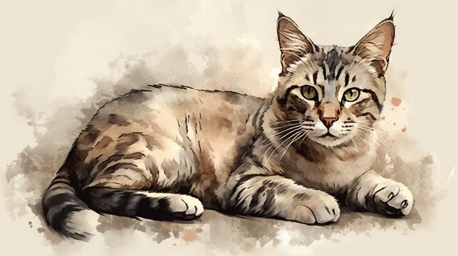  a watercolor painting of a cat laying on the ground.  generative ai