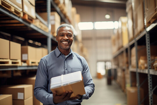 Smiling black worker with box in warehouse. Generative IA, Generative AI