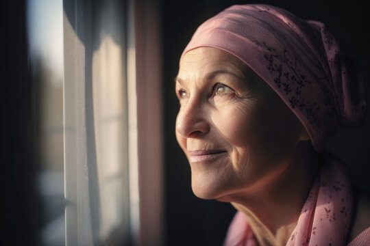 Mature woman with pink headscarf look out the window. Generative AI., Generative AI