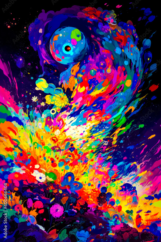 Poster abstract painting of colorful paint splattered on black background with space for text. generative a