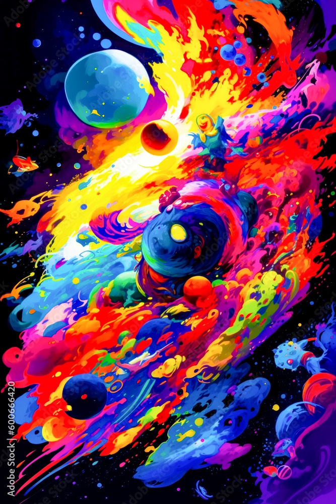 Poster painting of colorful space with planets and stars in the middle of it. generative ai.