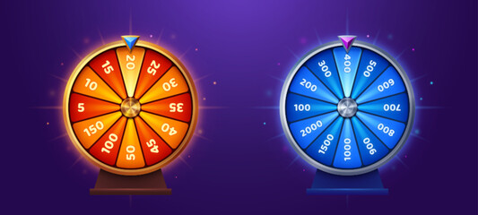 Ui lucky game spin with prize. Casino fortune wheel vector icon design. Win free gift in orange or blue roulette with luck. Turn lottery interface popup clipart collection for online app with bonus - obrazy, fototapety, plakaty