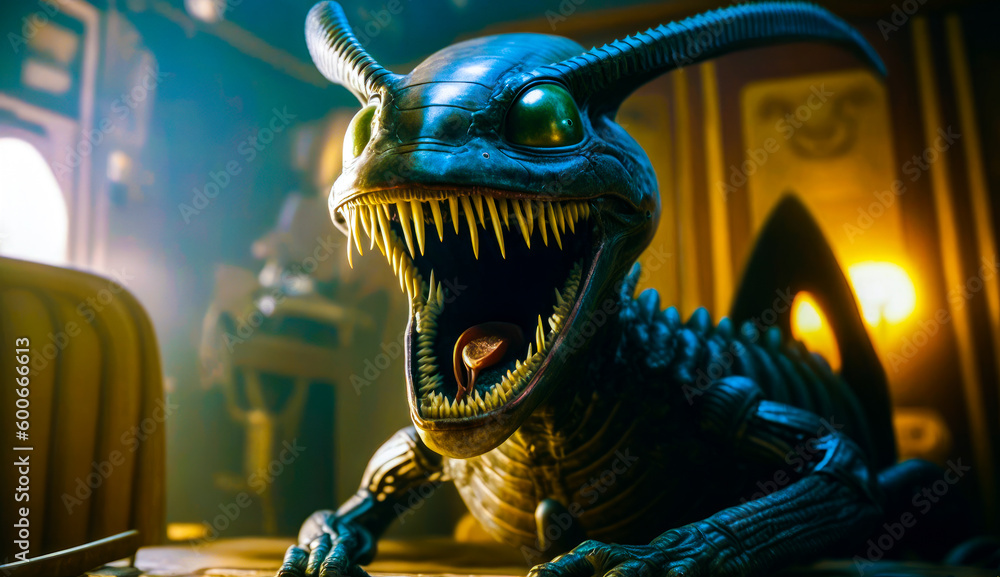 Aufkleber close up of toy alien with its mouth open and teeth wide open. generative ai.
