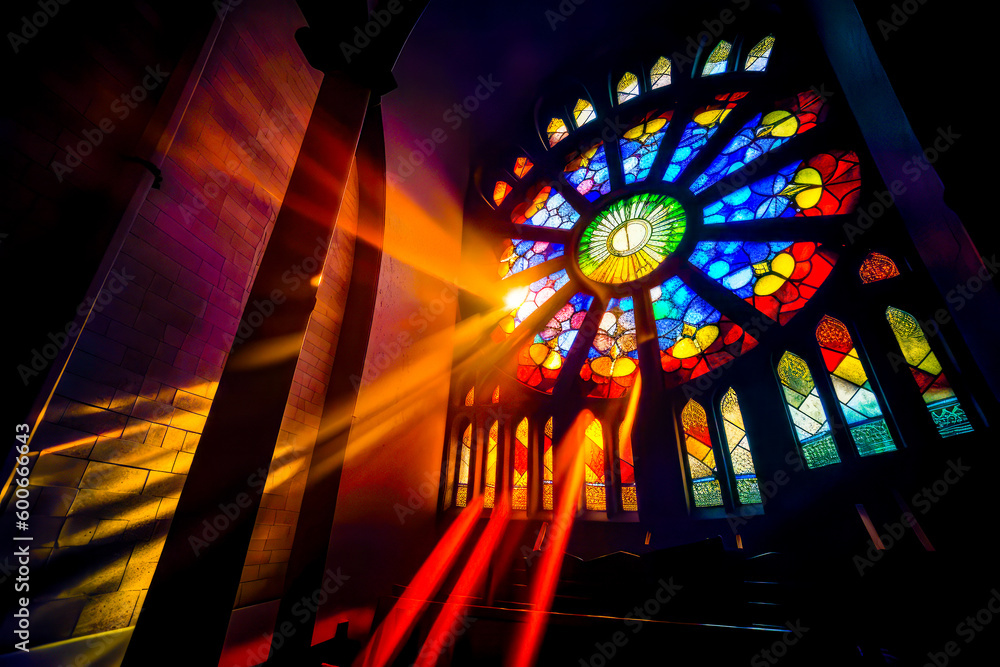 Aufkleber large stained glass window in the middle of building with sunlight streaming through it. generative 
