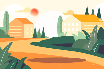Couple riding outdoors with houses and plants in the background, vector illustration