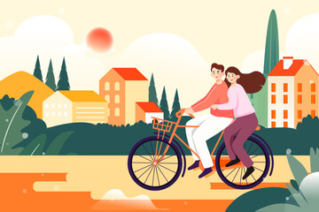 Couple riding outdoors with houses and plants in the background, vector illustration