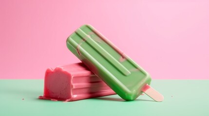  a popsicle with a bite taken out of it on a pink and green background.  generative ai