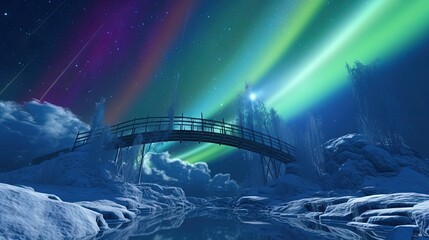  a bridge that is over a body of water under a night sky.  generative ai