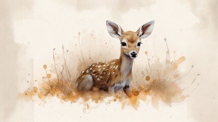  a painting of a deer sitting in the grass with a white background.  generative ai