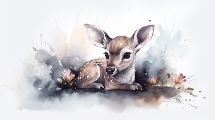  a painting of a deer laying down on a field of grass.  generative ai