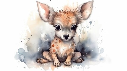  a watercolor painting of a baby deer sitting on the ground.  generative ai