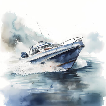 Speed Boat Water Color. Generative AI