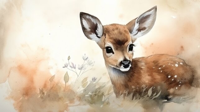  a painting of a young deer in a field of grass.  generative ai