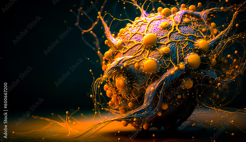 Poster computer generated image of ball with yellow and blue balls on it. generative ai.